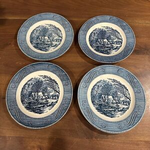 Set of 4 Currier and Ives Blue Old Grist Mill 10" Dinner Plate by Royal